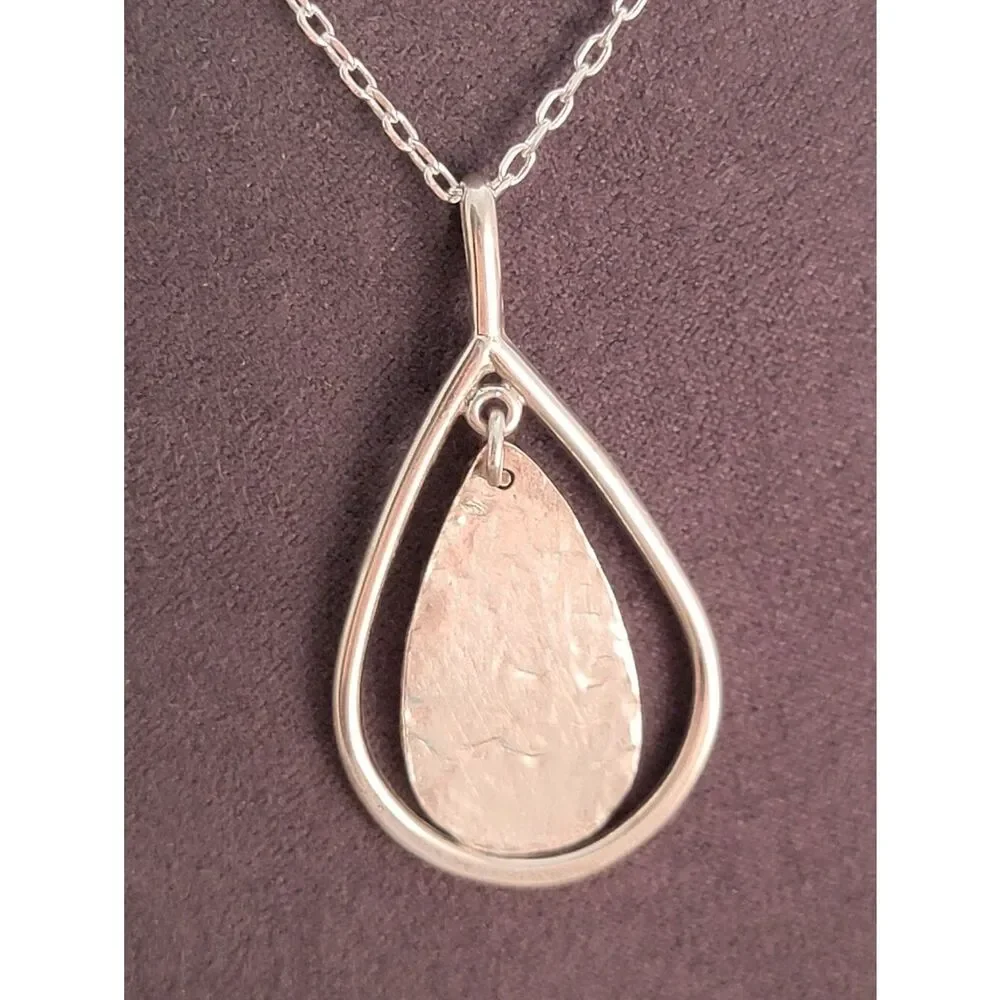 Sterling Silver Artisan Textured Tear Drop Loop Tag Necklace